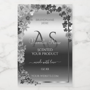 Moderne zilveren bloemenproductlabels met monogram voedselcontainer etiket