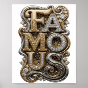 Moderne Zilveren FAMOUS 3D-tekst kunst Poster