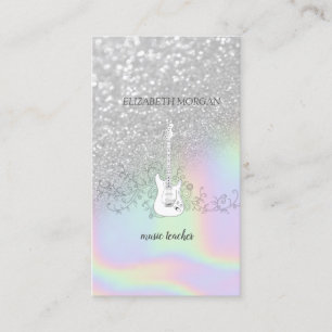 Moderne Zilveren Glitter Bokeh, Gitaar, Holografis Visitekaartje