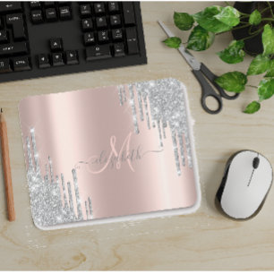 Moderne Zilveren Glitter Druppels Roze Gouden Mono Muismat
