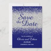 Moderne zilveren glitter en koninklijk blauw save the date (Voorkant)