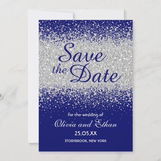 Moderne zilveren glitter en koninklijk blauw save the date (Voorkant)