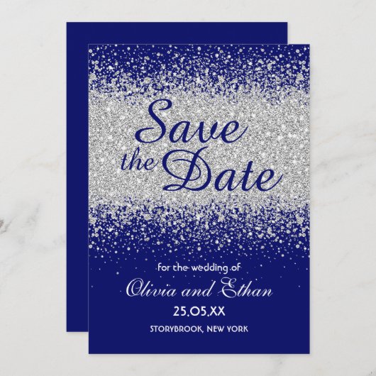 Moderne zilveren glitter en koninklijk blauw save the date (Voorkant / Achterkant)