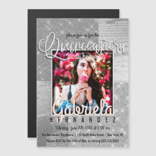 Moderne zilveren glitter foto Quinceañera Magnetische Uitnodiging