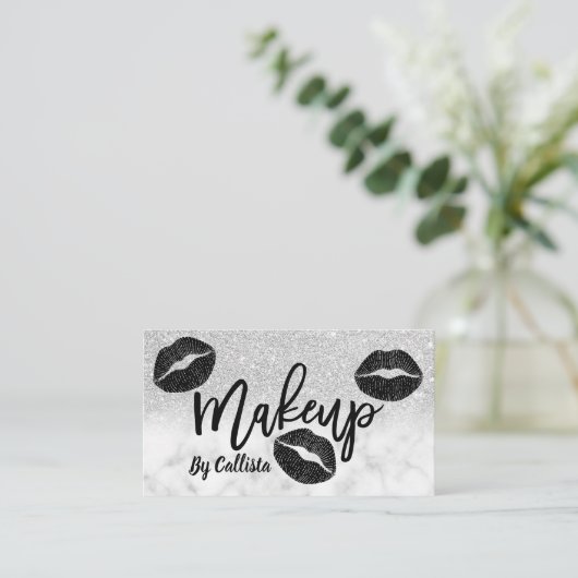 Moderne zilveren glitter marmeren lippen make-up a visitekaartje (Staand voorkant)