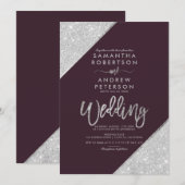 Moderne, zilveren glitter-typografie paarse bruilo kaart (Voorkant / Achterkant)