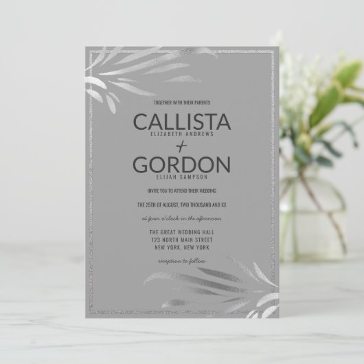 Moderne Zilveren Grijze Bladeren Glitter Rand Brui Kaart (Staand voorkant)