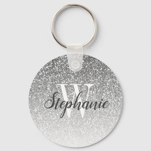 Moderne Zilveren Ombre Nep Glitter Monogram Sleutelhanger (Voorkant)