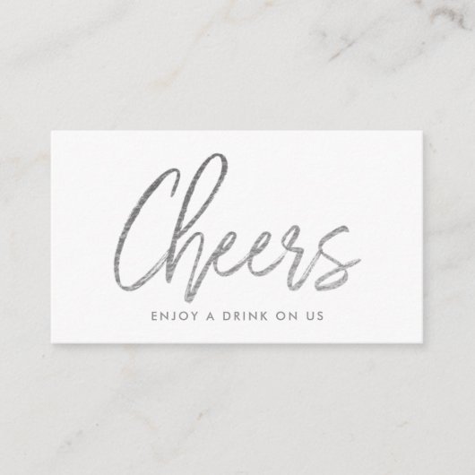 Moderne zilverfolie script "Cheers" drankkaart Informatiekaartje (Voorkant)