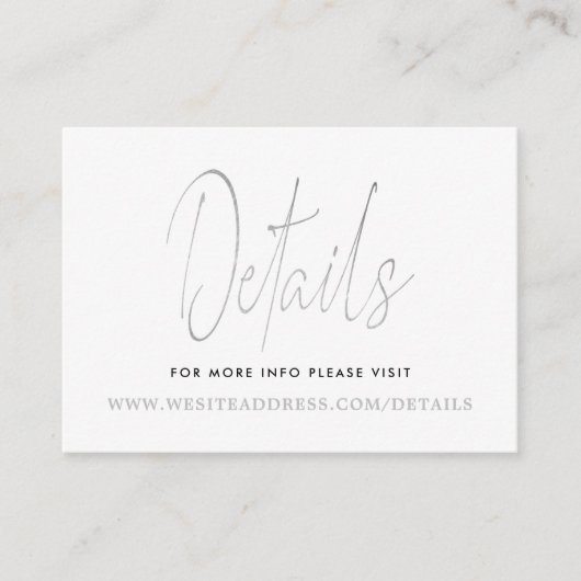 Moderne Zilverfolie Script Details Informatiekaartje (Voorkant)