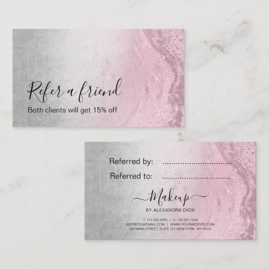 Moderne zilverroze roos goudglitter make-up kunste aanbevelingskaartje (Voorkant / Achterkant)