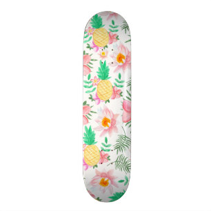 Moderne zomer roze geel tropisch floreel patroon skateboard