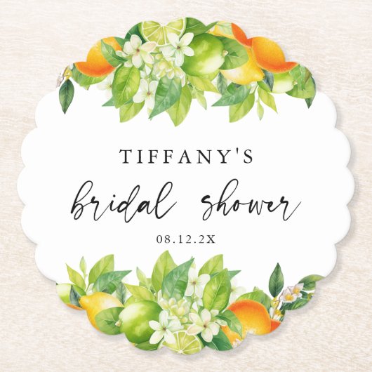 Moderne zomer sinaasappels citroen citrus bruidsdo kartonnen onderzetters (Voorkant)