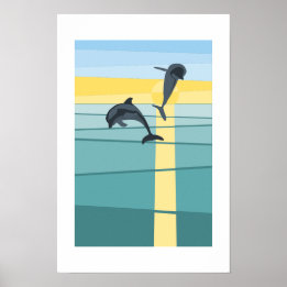 Moderne Zon Zee Dolfijn in Turquoise Geel Kunst Poster