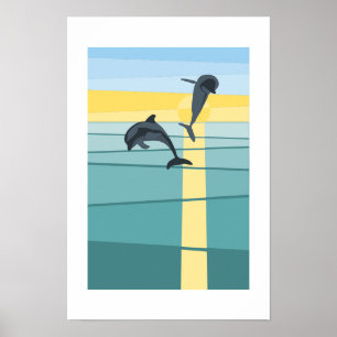 Moderne Zon Zee Dolfijn in Turquoise Geel Kunst Poster