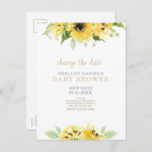 Moderne zonnebloem Baby shower Verander de datum Aankondigingskaart (Voorkant / Achterkant)