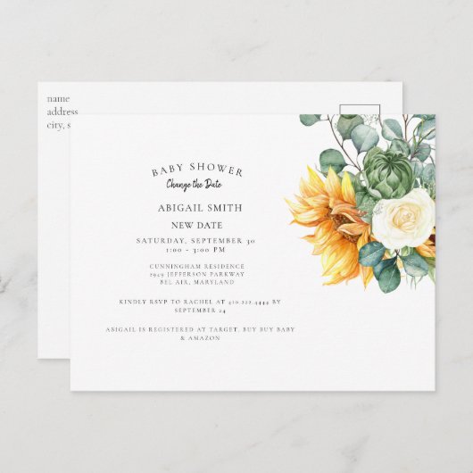 Moderne zonnebloem Baby shower Verander de datum v Aankondigingskaart (Voorkant / Achterkant)
