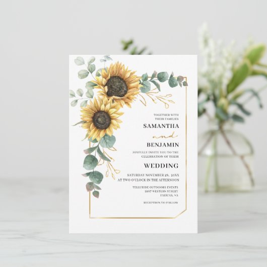 Moderne zonnebloem Eucalyptus Weddenschap Kaart (Staand voorkant)