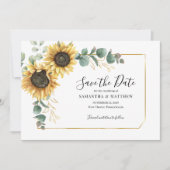 Moderne zonnebloem met edige eucalyptus save the date (Voorkant)