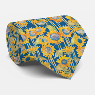 Moderne Zonnebloem op Blauw Bloempatroon Stropdas