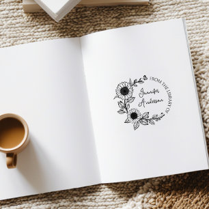 Moderne Zonnebloem Schrift Aangepaste Naam Bibliot Rubberstempel