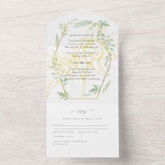 Moderne zonnebloemen Greenery Sage Gold Wedding All In One Uitnodiging (Binnen)