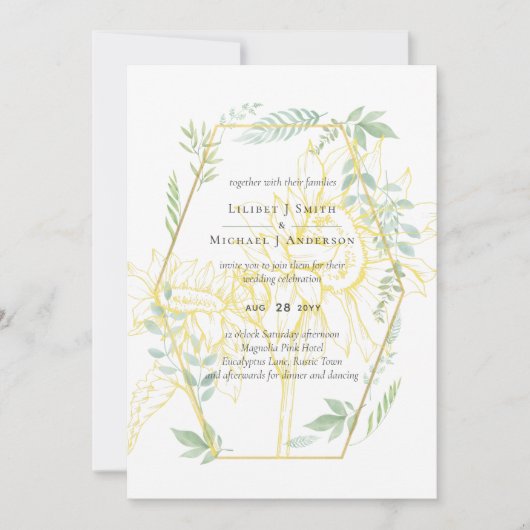 Moderne zonnebloemen groen blad Sage Goud Bruiloft (Voorkant)