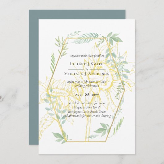 Moderne zonnebloemen groen blad Sage Goud Bruiloft (Voorkant / Achterkant)