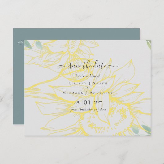 Moderne zonnebloemen groen blad Sage Goud Bruiloft Briefkaart (Voorkant / Achterkant)