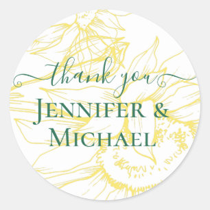 Moderne zonnebloemen groen sage goud bruiloft ronde sticker
