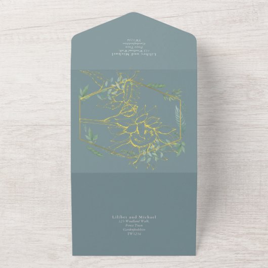 Moderne zonnebloemen groenblijvende salie goud bru all in one uitnodiging (Buitenkant)