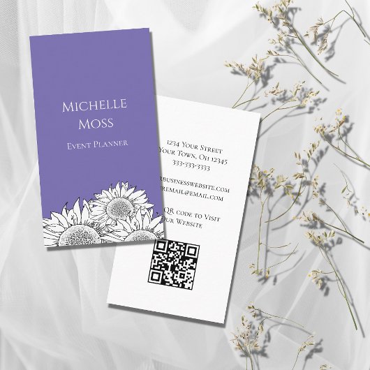 Moderne Zonnebloemen QR code Boho Bloemen Paarse Visitekaartje