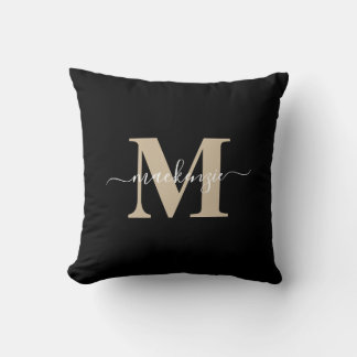 Moderne Zwart en Goud Elegante Monogram Naam Kussen