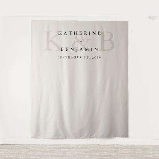 Moderne zwart en ivoor monogram bruiloft achtergro wandkleed (Voorkant)
