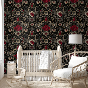 Moderne zwart en rood damast gotisch behang