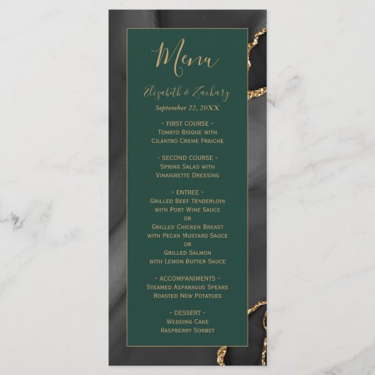 Moderne Zwart Goud Agaat Smaragd Groene Bruiloft Menu (Voorkant)