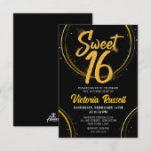 Moderne Zwart & Goud Glitter Typografie Sweet 16 Kaart (Voorkant / Achterkant)