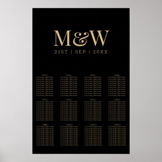 Moderne Zwart Goud Monogram Bruiloft Zitkaarten Poster (Voorkant)