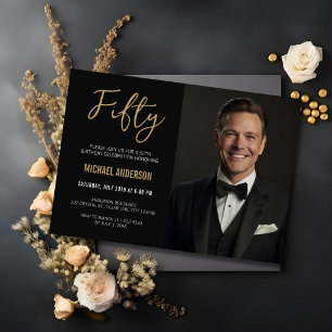 Moderne Zwart Gouden Agaat 50e Verjaardag Foto Kaart