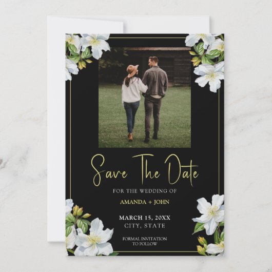 Moderne Zwart & Groene Jasmijnfoto Opslaan De Datu Save The Date (Voorkant)