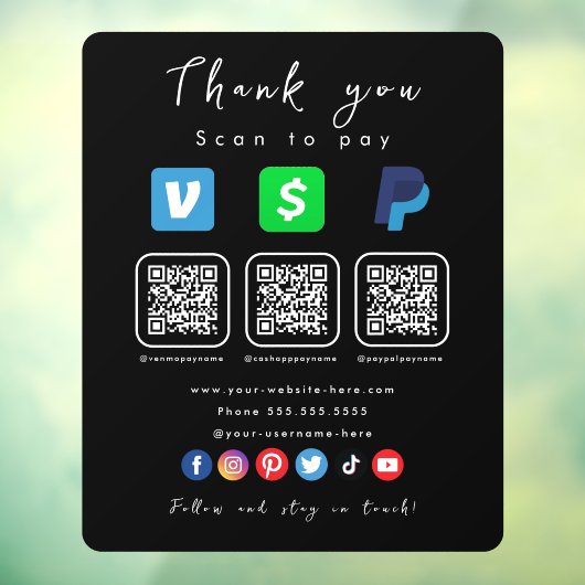 Moderne Zwart Multi QR Code Paypal Venmo Cash App Raamsticker (Vel 3)
