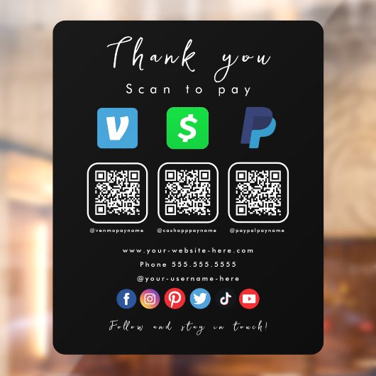 Moderne Zwart Multi QR Code Paypal Venmo Cash App Raamsticker (Vel 2)