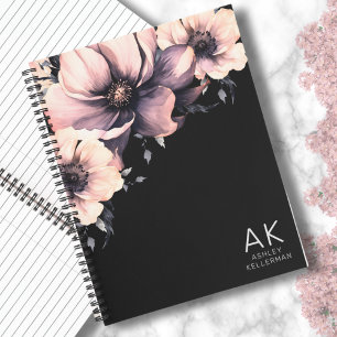Moderne zwart roze bloemen monogrammed Initialen Notitieboek