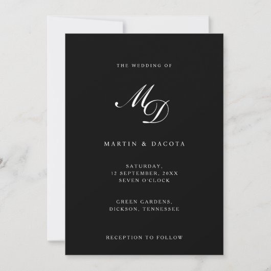 Moderne Zwart & Script Initialen Monogram Bruiloft Kaart (Voorkant)