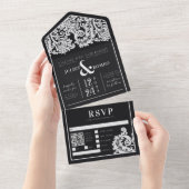 Moderne Zwart-wit Bloemen Damask Bruiloft All In One Uitnodiging (Afscheurbaar)