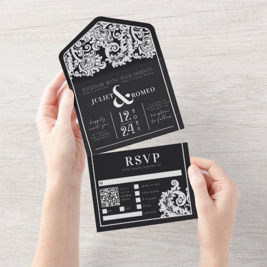 Moderne Zwart-wit Bloemen Damask Bruiloft All In One Uitnodiging (Afscheurbaar)