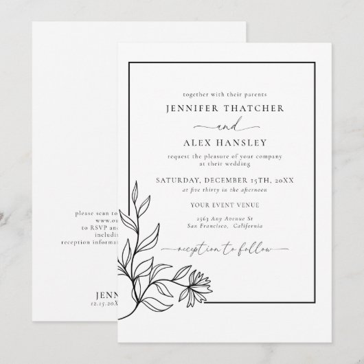 Moderne Zwart Wit Botanische QR Code Huwelijk Kaart (Voorkant / Achterkant)