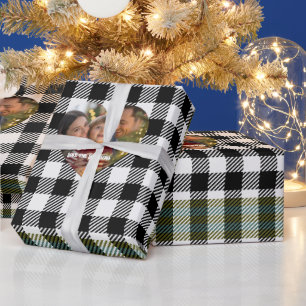 Moderne Zwart-Wit Buffalo Plaid Kerstfoto Cadeaupapier
