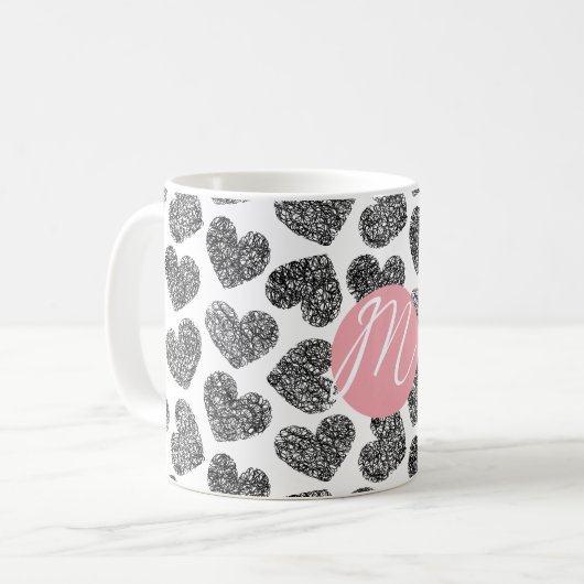 Moderne zwart-wit doodle harten Monogrammed Koffiemok (Voorkant links)