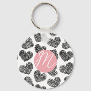 Moderne zwart-wit doodle harten Monogrammed Sleutelhanger